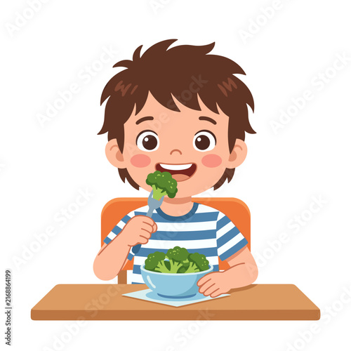 Child eating broccoli and smiling at camera  