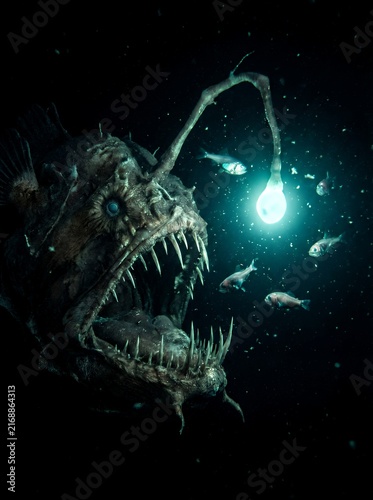 Deep-sea anglerfish with glowing bioluminescent lure hunting small fish in dark underwater ocean abyss, predatory marine life and deep ocean nature concept