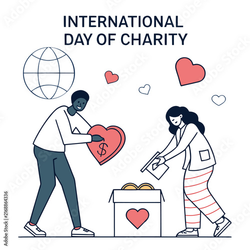 International Day of Charity Banner with Donation, Volunteers, Giving Heart and Community Support Vector Illustration