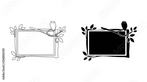 Whimsical forest owl perched on a branch frame in line art and black silhouette styles for woodland theme projects.
