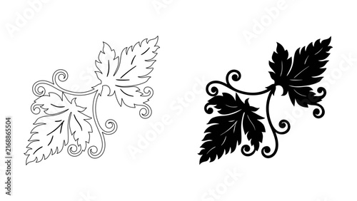 Vintage corner ornament with grape leaves and curly vines in black outline and silhouette vector illustration set.