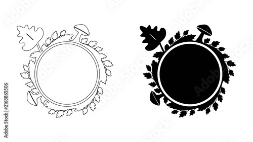 Autumn round frame with mushrooms and oak leaves in thin line art and solid black silhouette styles for nature design.