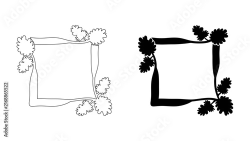 Decorative square frame with oak leaves in linear and silhouette style for seasonal autumn design projects and ornaments.