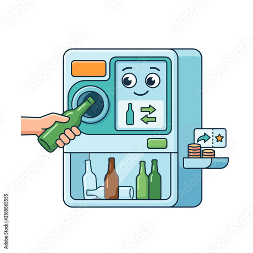 Glass bottle return machine with hand inserting green bottle