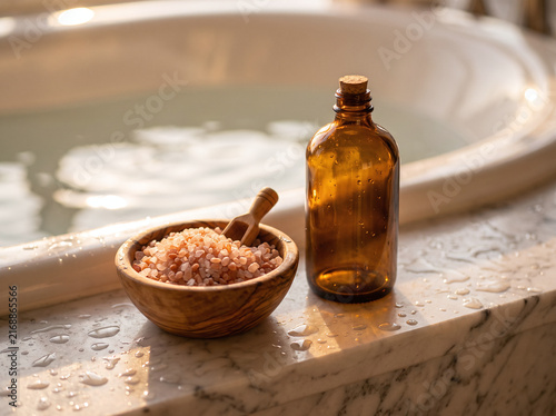 Amber glass bottle and pink Himalayan bath salts in wooden bowl on marble tub edge