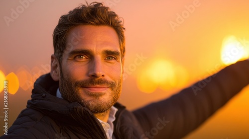A man with a beard smiles warmly as warm golden light glows behind him, creating a serene and inviting atmosphere at sunset.