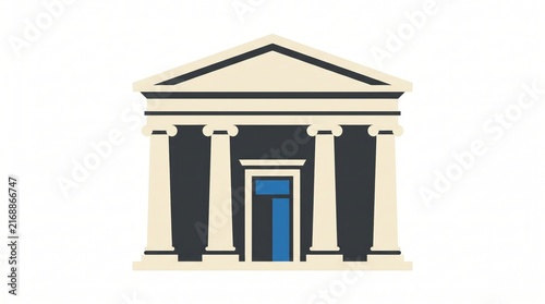 flat illustration of classical building with columns and blue door isolated on white background. bank, courthouse or government institution concept. copyspace, banner, website header.
