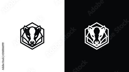 Minimalist honey badger head mascot logo in hexagonal frame, black and white silhouette vector set