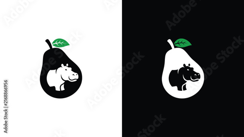 Creative Pear Hippo Logo Icon Set, Negative Space Fruit Hippopotamus Symbol Vector