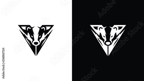 Badger Head V Shape Logo Concept Featuring Sharp Geometric Design Elements in Black and White Monochrome Style for Modern Branding