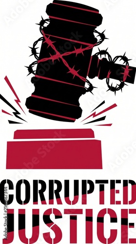 black judge gavel wrapped in barbed wire striking red block. corrupted justice typography text. unfair trial, legal corruption, oppression, human rights violation concept. protest poster, flyer.