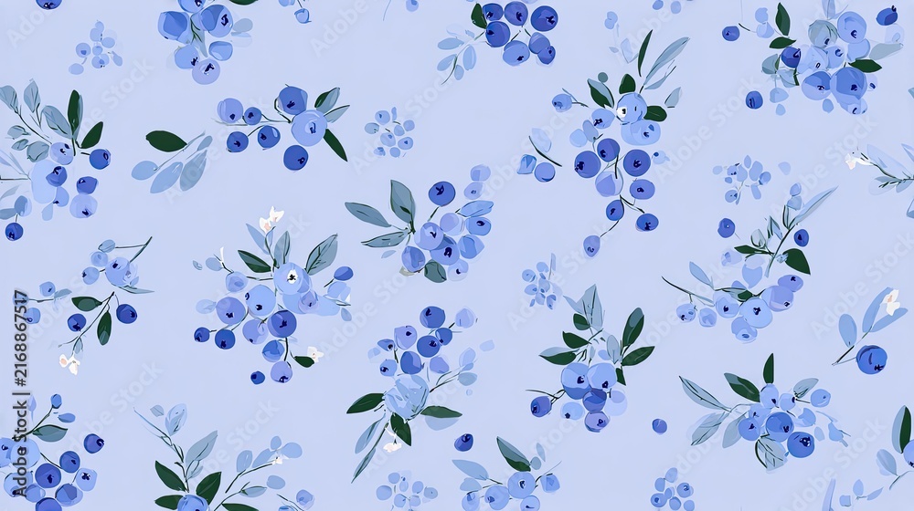 Fototapeta premium Seamless pattern of blue floral branches and small blossoms on a soft periwinkle background, elegant botanical illustration, cool decorative surface design