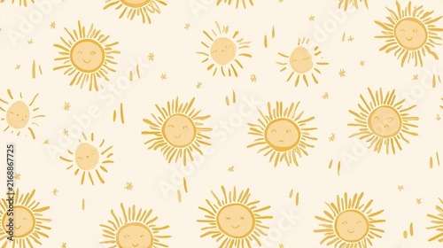 Seamless pattern of stylized yellow suns and radiating lines on a cream background, cheerful celestial illustration, warm minimal surface desig