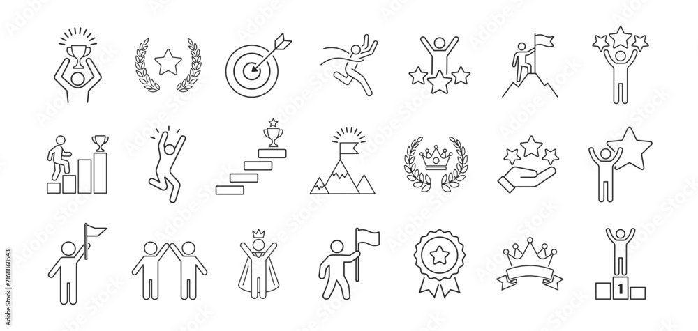 Obraz premium Success and motivation outline icon set with achievement, leadership, goal, growth, determination, progress and victory