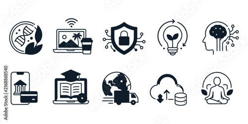 Modern Technology Innovation Outline Icon Set – AI, Cybersecurity, Fintech, Sustainability and Digital Business