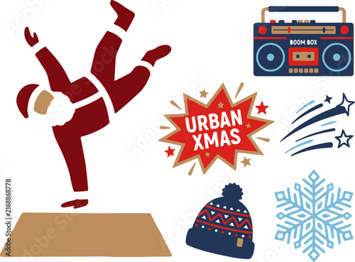 Urban christmas style graphic set with breakdancing santa and boombox art