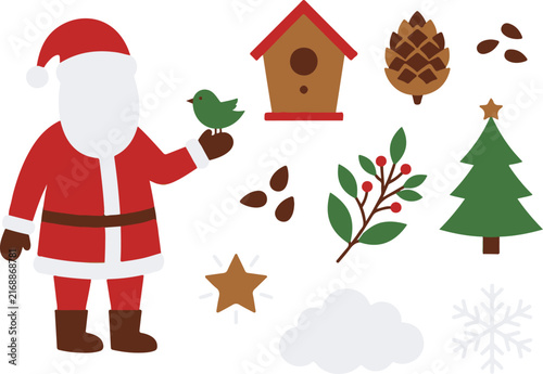 Traditional santa claus character with birdhouse pine branch forest elements