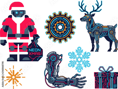 Cyberpunk santa claus and robotic reindeer set with neon tech colors