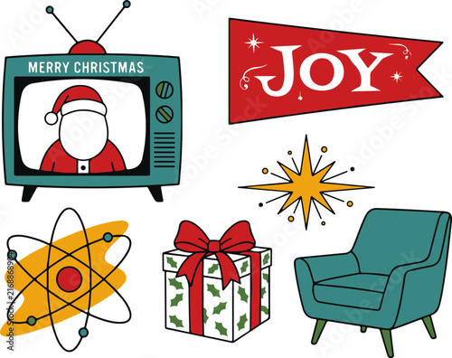 Retro christmas icons with vintage tv showing santa and mid century elements