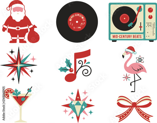 Mid century modern christmas icons with flamingo and vinyl record player