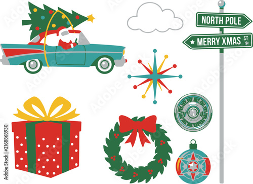 Christmas car driving with tree festive wreath and north pole sign board