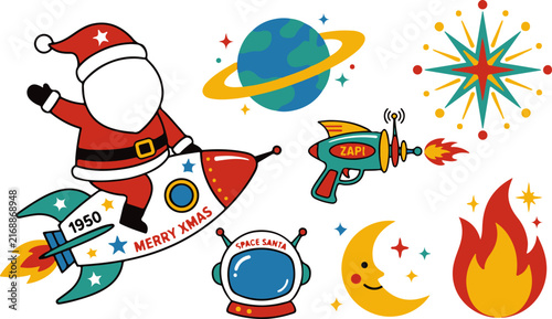 Space santa rocket clip art set with planet fire and science ray gun toy