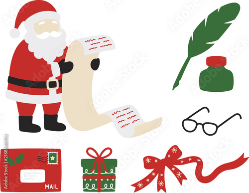 Santa claus reading long wish list with ink quill and festive elements