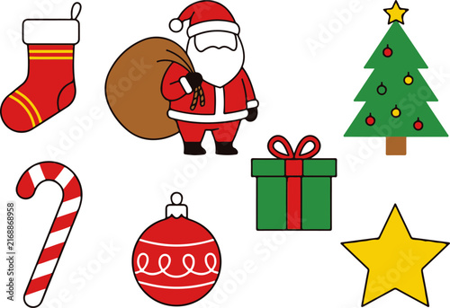 Christmas icon set featuring santa with sack tree and holiday symbols