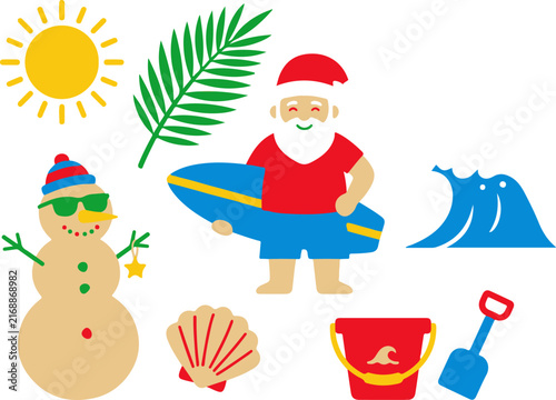 Summer Christmas vector icon collection featuring snowman and surfing Santa