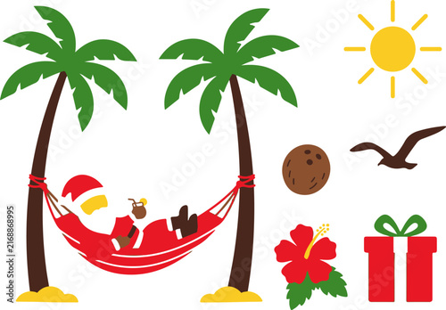Relaxing Christmas beach vacation elements with Santa in hammock