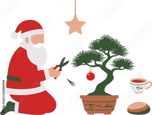 Santa claus trimming bonsai tree with tea and decorative star motifs