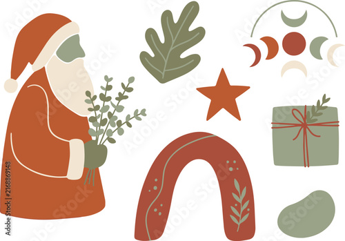 Boho christmas santa claus and winter holiday design elements set