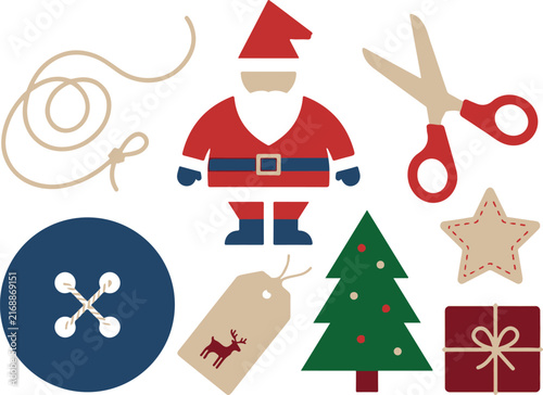 Christmas crafting set with Santa, tree, gift, button, and scissors