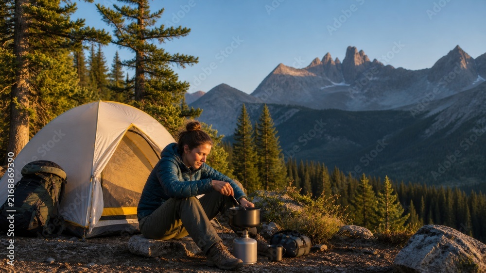 Fototapeta premium Solo camper seated beside a tent and cooking gear at a mountain campsite