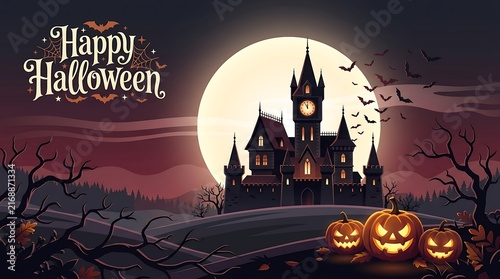 A spooky and delightful halloween scene a majestic castle silhouetted against a full moon perfect for festive celebrations and creepy decorations