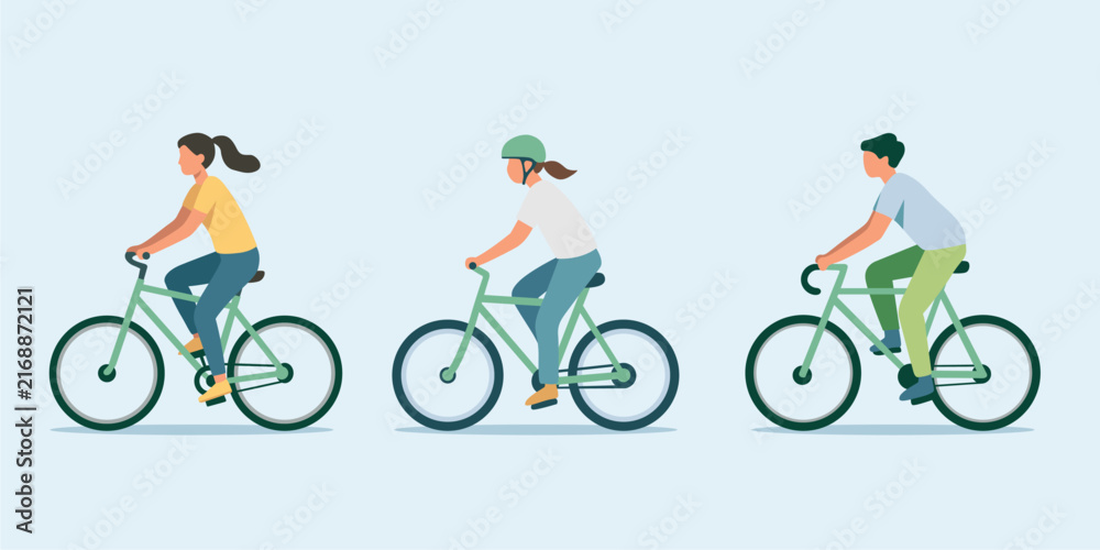 Naklejka premium Flat vector illustration set of people riding bicycles, male and female cyclists commuting and exercising, healthy lifestyle and eco-friendly urban transportation concept