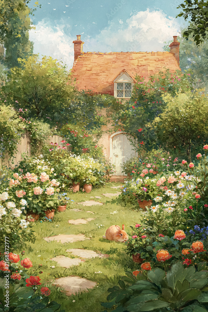 Naklejka premium Cozy country house nestled in a vibrant blooming garden, featuring a playful rabbit resting on a stepping stone path