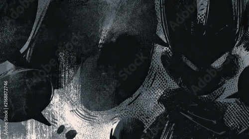 Charcoal grey canvas featuring abstract comic elements, dynamic strokes and grain