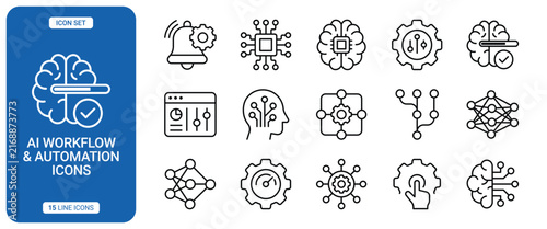 Set of ai workflow and automation line icons featuring brain processing, neural networks, machine learning, and digital technology symbols for software development and artificial intelligence concepts