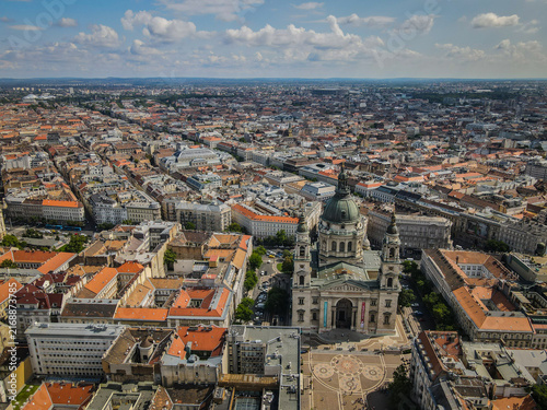 Aerial View of St. Stephen's Basilica and Budapest Cityscape on a Bright Summer Day