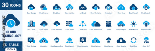 Cloud Computing Icon Set, Cloud, Cloud computing,  Cloud storage,, Cloud security, Vector Network, Server & Security Symbols