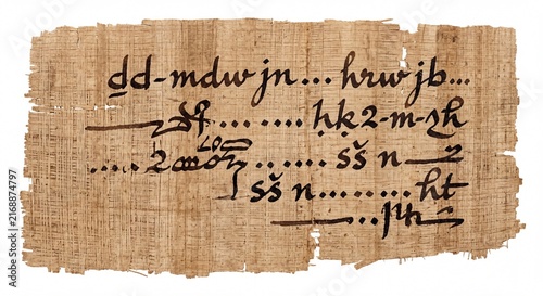 A weathered piece of ancient papyrus featuring faded black ink hieratic script on white background.