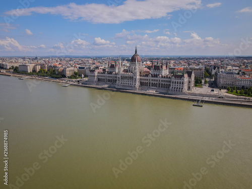 Editorial Use Only - Aerial view of Hungarian Parliament Building and Danube River in Budapest, Hungary