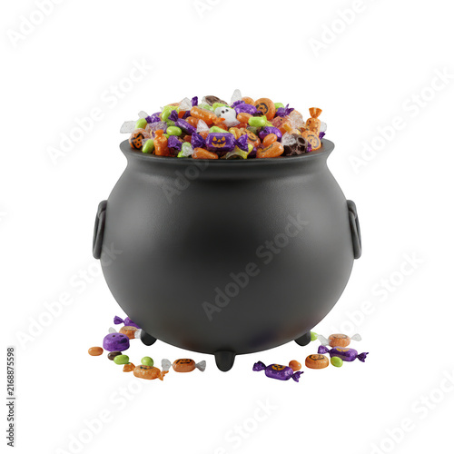 Black metal cauldron filled with colorful sweet candy treats for a fun halloween party celebration event