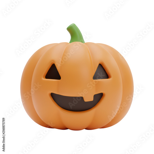 Cute 3d orange pumpkin jack o lantern for halloween celebration with a happy smiling face and green stem
