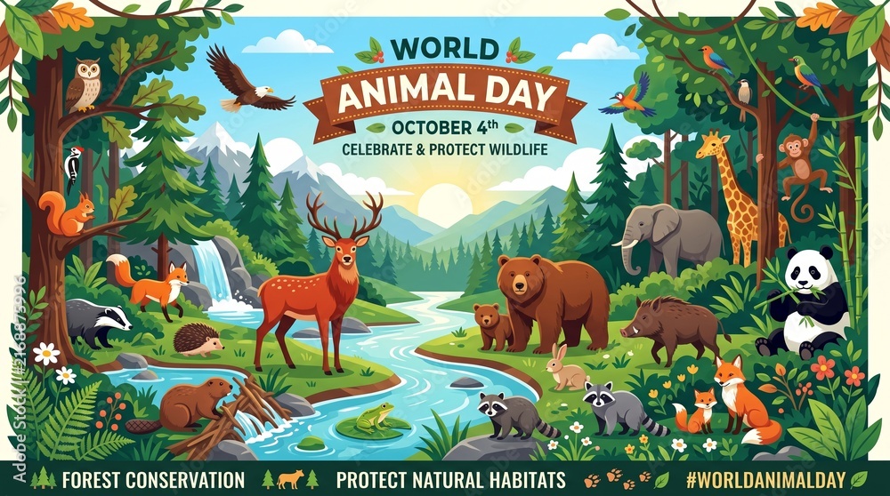 Naklejka premium A colorful illustration of diverse animals in a forest setting celebrating World Animal Day. Concept emphasizes wildlife conservation, biodiversity, and environmental protection. Generative AI.