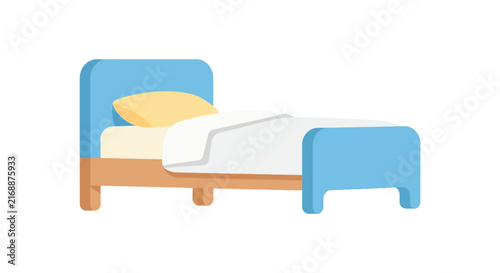 A simplified bed with blue frame and yellow pillow is presented in vector style