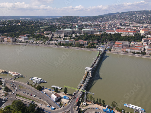 Aerial View of Szechenyi Chain Bridge Over Danube River with Buda Castle, Budapest, Hungary