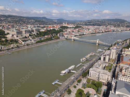 Aerial panorama of Danube River, Buda Castle, Chain Bridge in Budapest, Hungary on a sunny day