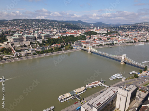 Aerial View of Chain Bridge and Buda Castle over Danube River, Budapest